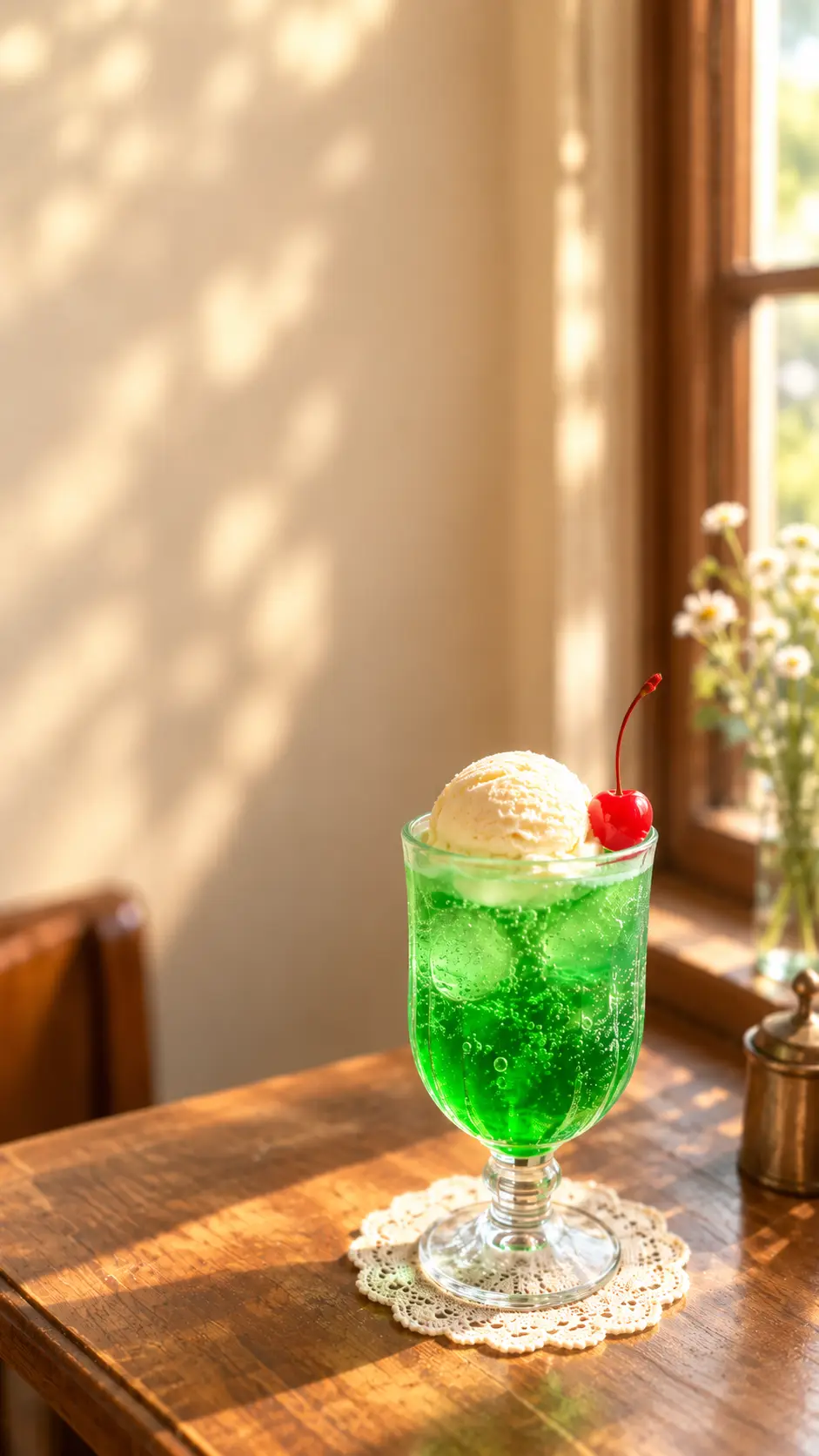 窓辺の日差しを受けたメロンクリームソーダ
